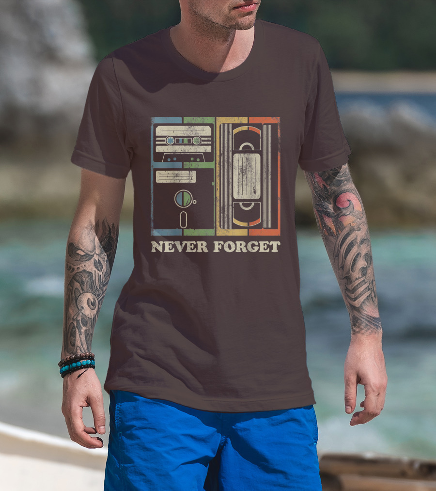 Never Forget Retro Vintage Cassette Floppy VHS Cool Funny Geeky Nerdy T-Shirt