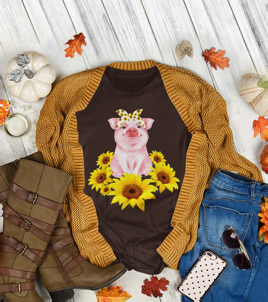 Lovely Piggy Surrounded by Sunflowers T-Shirt