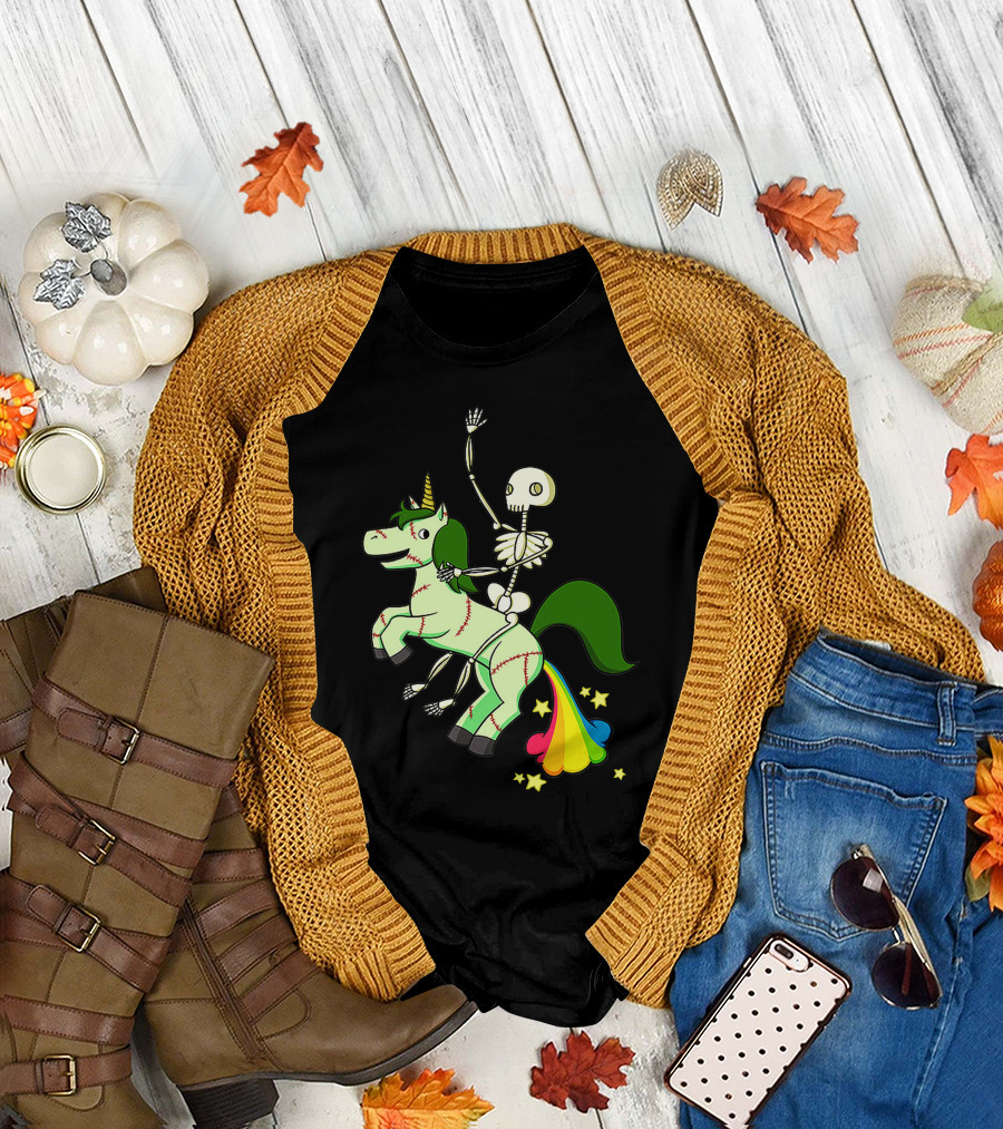Skull Skeleton Riding Zombie Unicorn with Rainbow Tail and Green Mane T-Shirt