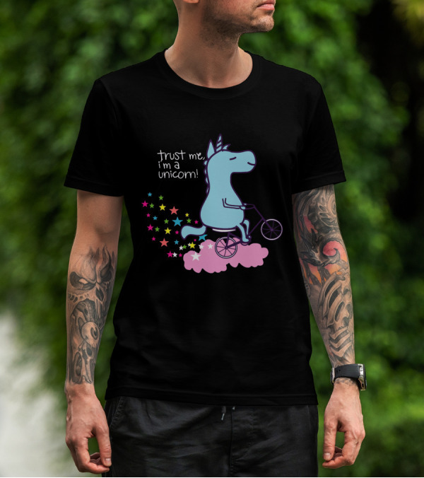 Trust Me I'm A Unicorn Riding Bicycle On Pink Cloud With Colorful Stars T-Shirt