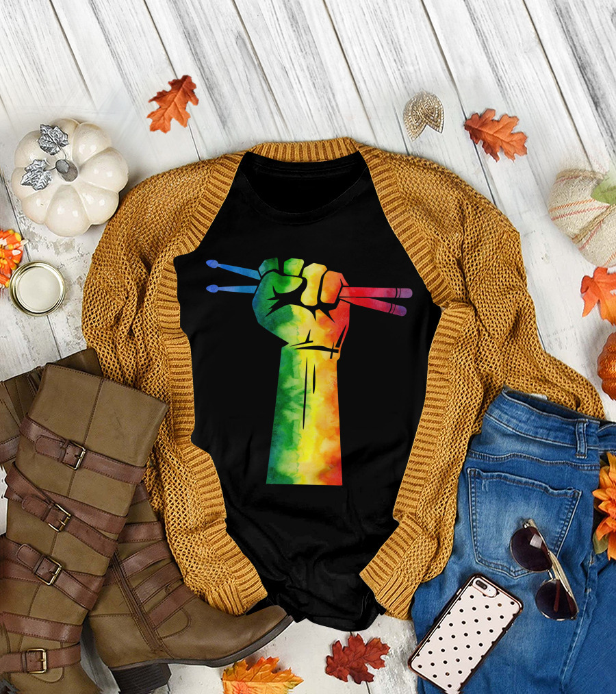 Drumstick Drummer Rainbow Fist T-Shirt