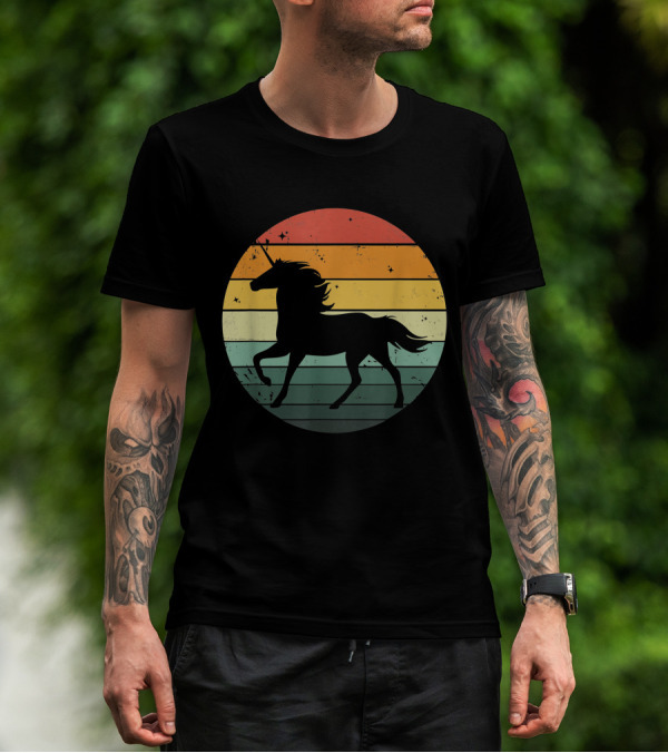 Unicorn Silhouette Against Retro 70s Sunset Stripes T-Shirt