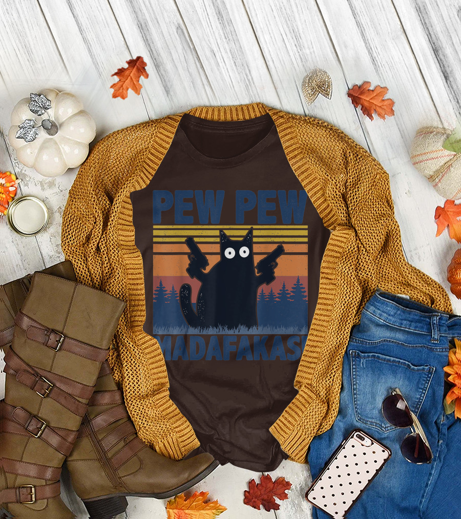 Pew Pew Madafakas Funny Vintage Cat with Guns Retro Forest Background T-Shirt