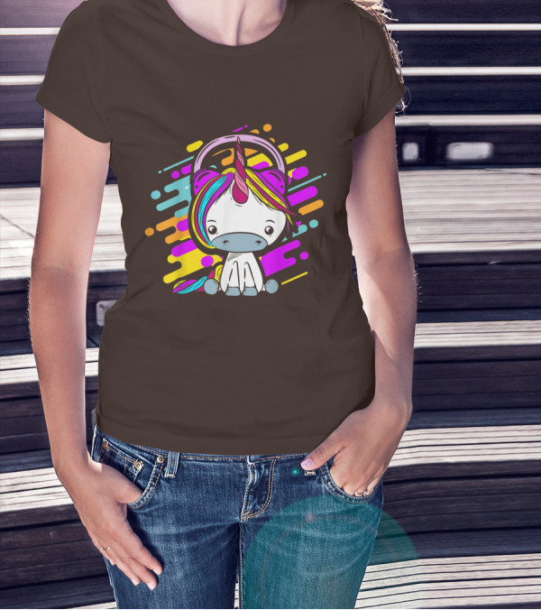 Cute Rainbow Unicorn Headphones Music T-Shirt