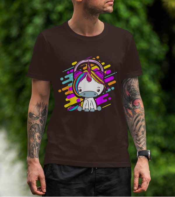 Cute Rainbow Unicorn Headphones Music T-Shirt