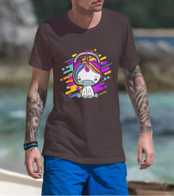 Cute Rainbow Unicorn Headphones Music T-Shirt