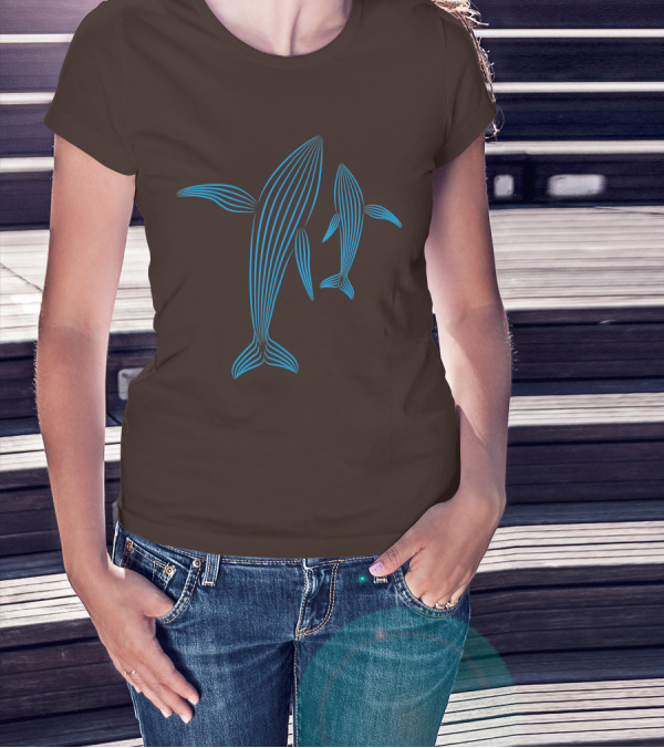 Save The Whales Blue Line Art Humpback Whale Pair Awareness T-Shirt
