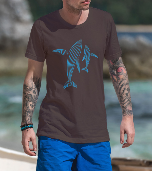 Save The Whales Blue Line Art Humpback Whale Pair Awareness T-Shirt