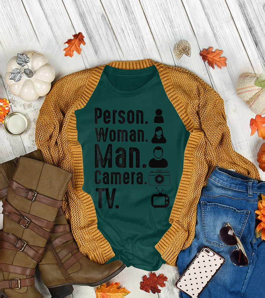 Person Woman Man Camera TV Funny Retro Cognitive Test Trump T-Shirt