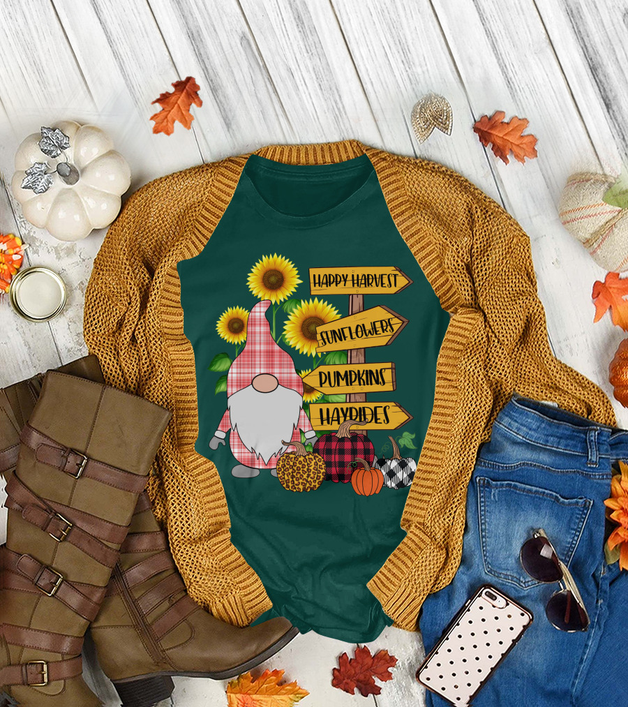 Happy Harvest Sunflowers Pumpkins Hayrides Gnome T-Shirt