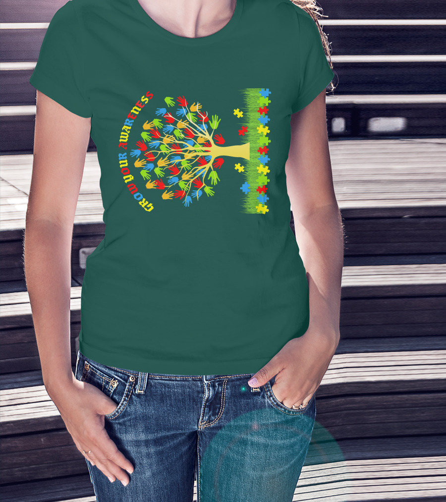 Grow Your Awareness Tree Of Colored Hands And Puzzle Pieces T-Shirt