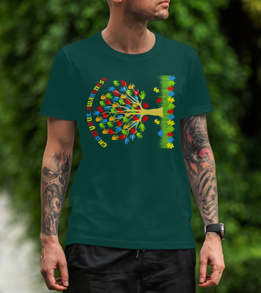 Grow Your Awareness Tree Of Colored Hands And Puzzle Pieces T-Shirt
