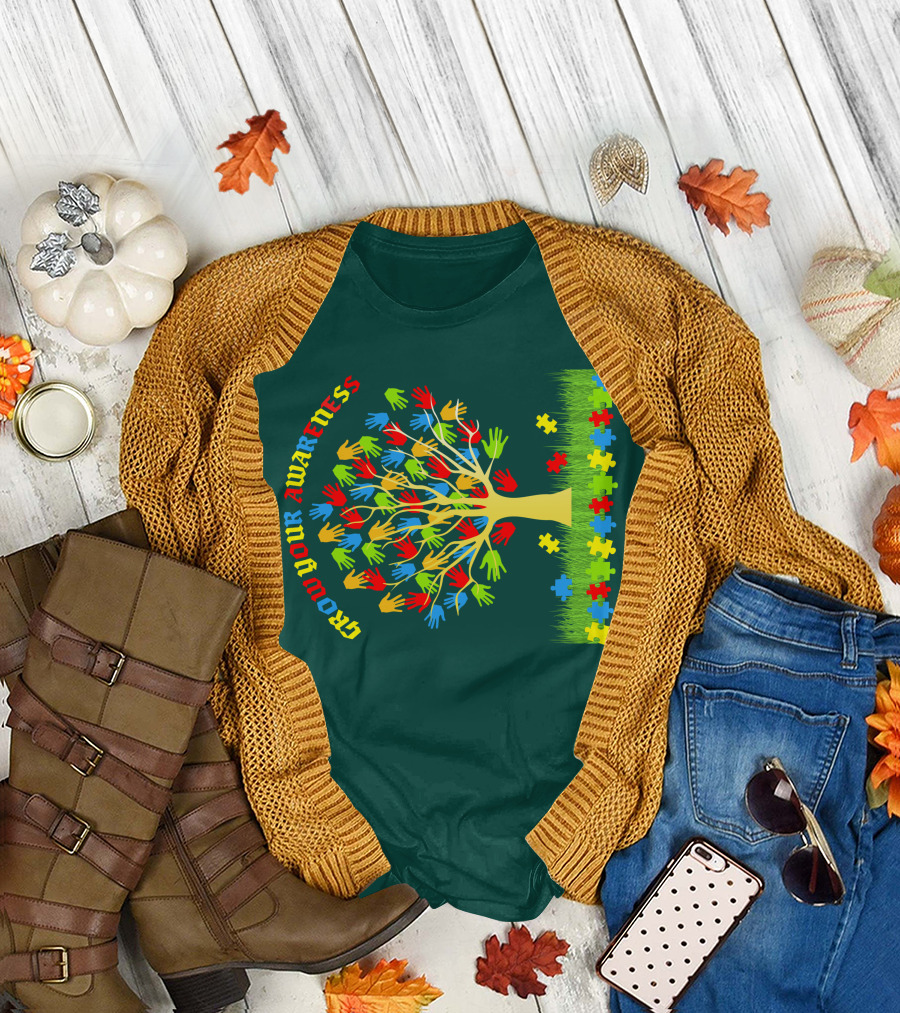 Grow Your Awareness Tree of Colored Hands and Puzzle Pieces T-Shirt