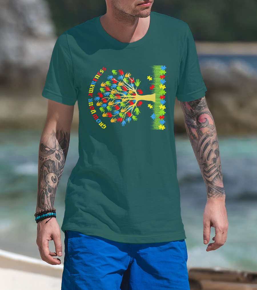 Grow Your Awareness Tree Of Colored Hands And Puzzle Pieces T-Shirt