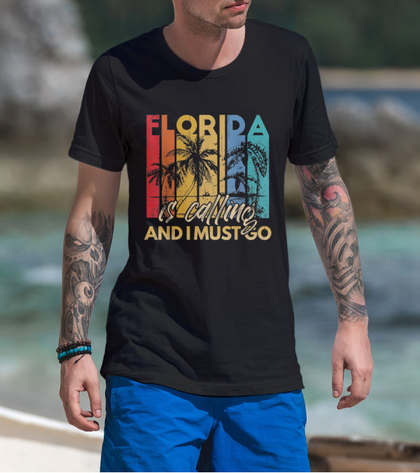 Florida Is Calling And I Must Go Beach Vacation Summer Retro Palm Trees T-Shirt
