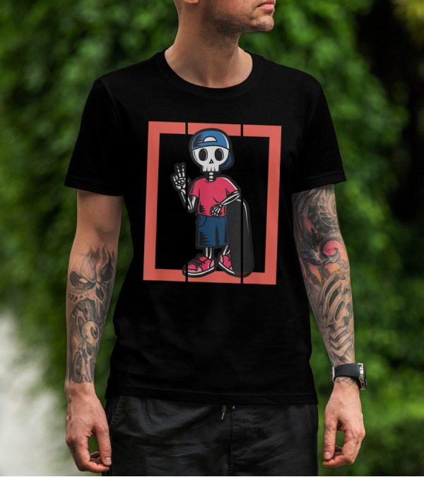 Scary Freaky Spooky Creepy Halloween Skeleton Skater Kid In Cap And Red Sneakers T-Shirt