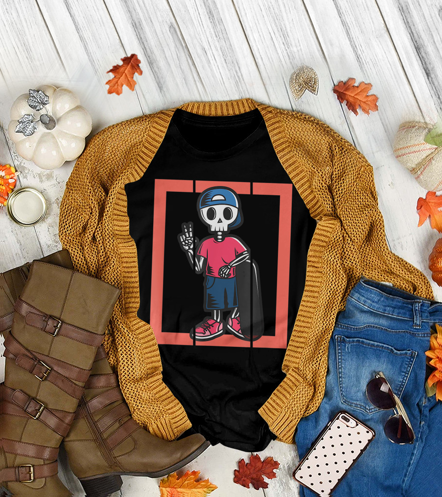 Scary Freaky Spooky Creepy Halloween Skeleton Skater Kid in Cap and Red Sneakers T-Shirt