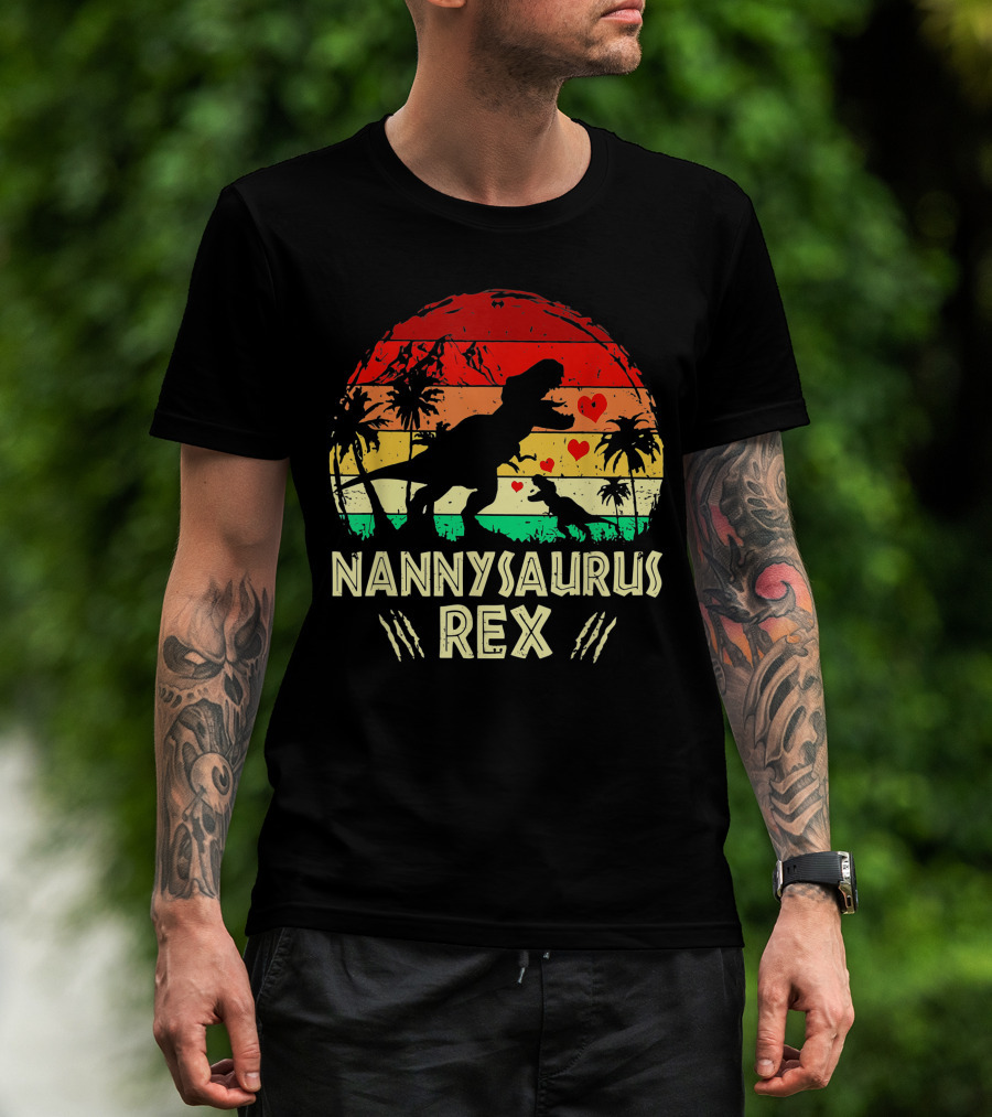 Nannysaurus Rex Dinosaur Sunset Hearts T-Shirt