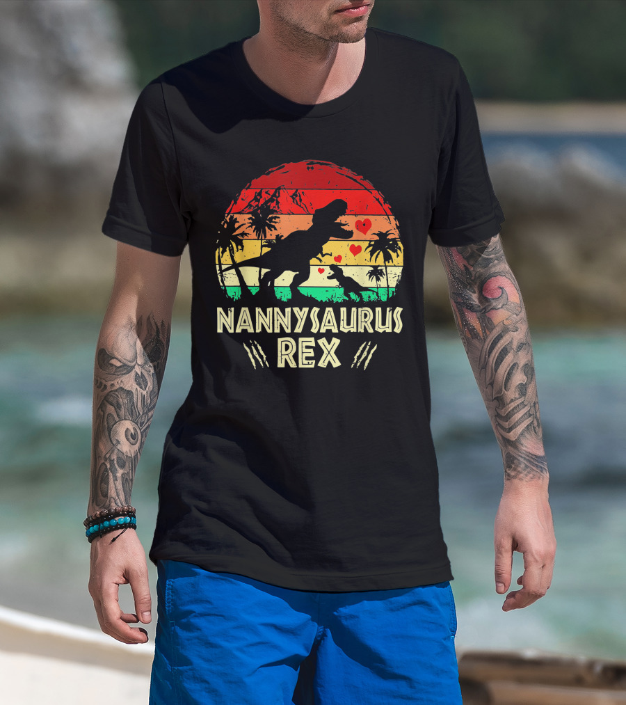 Nannysaurus Rex Dinosaur Sunset Hearts T-Shirt