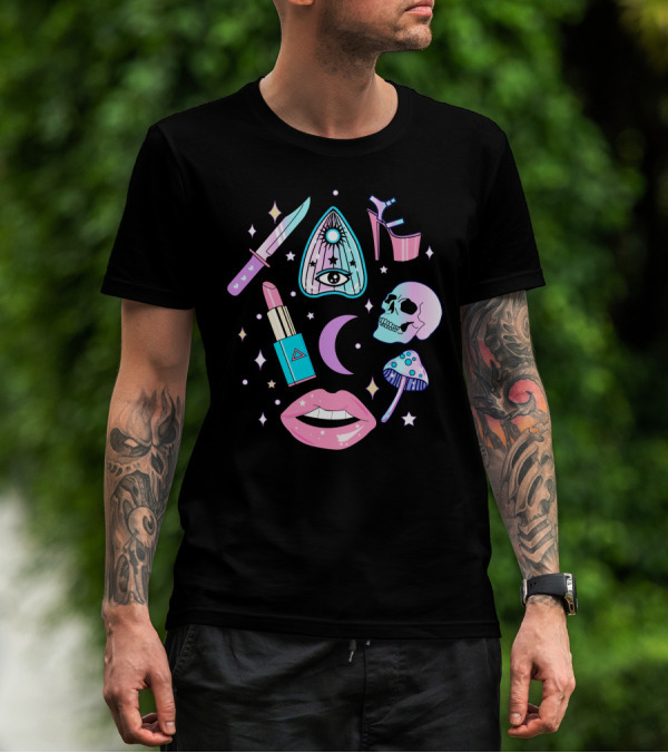 Pastel Goth Kawaii Witch Creepy Knife Skull Lipstick Moon Stars Mushroom Heels Ouija T-Shirt