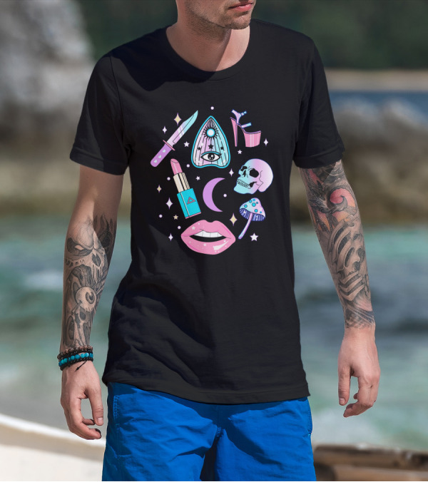 Pastel Goth Kawaii Witch Creepy Knife Skull Lipstick Moon Stars Mushroom Heels Ouija T-Shirt