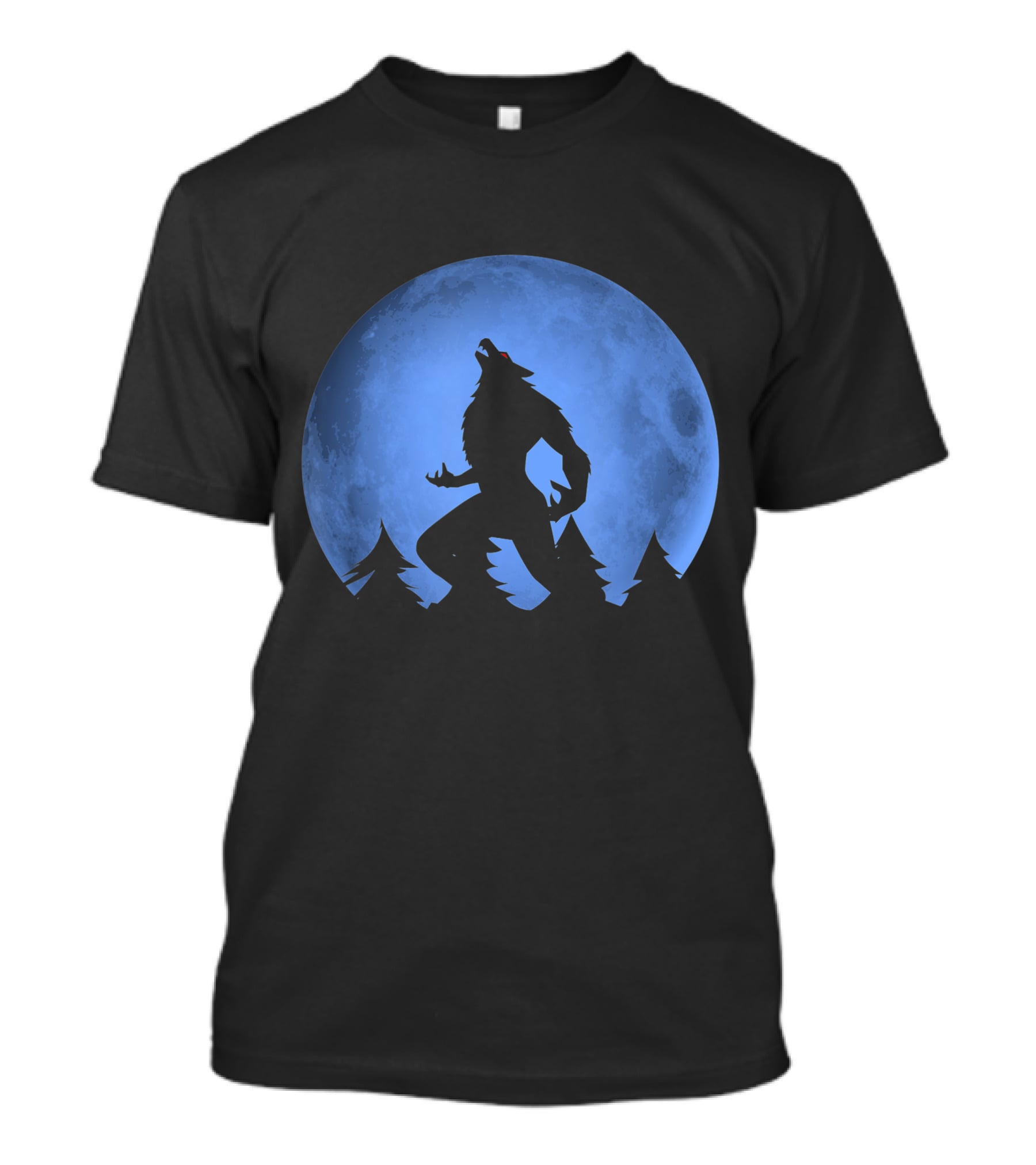 Werewolf Silhouette Howling At Full Blue Moon With Forest Background T-Shirt