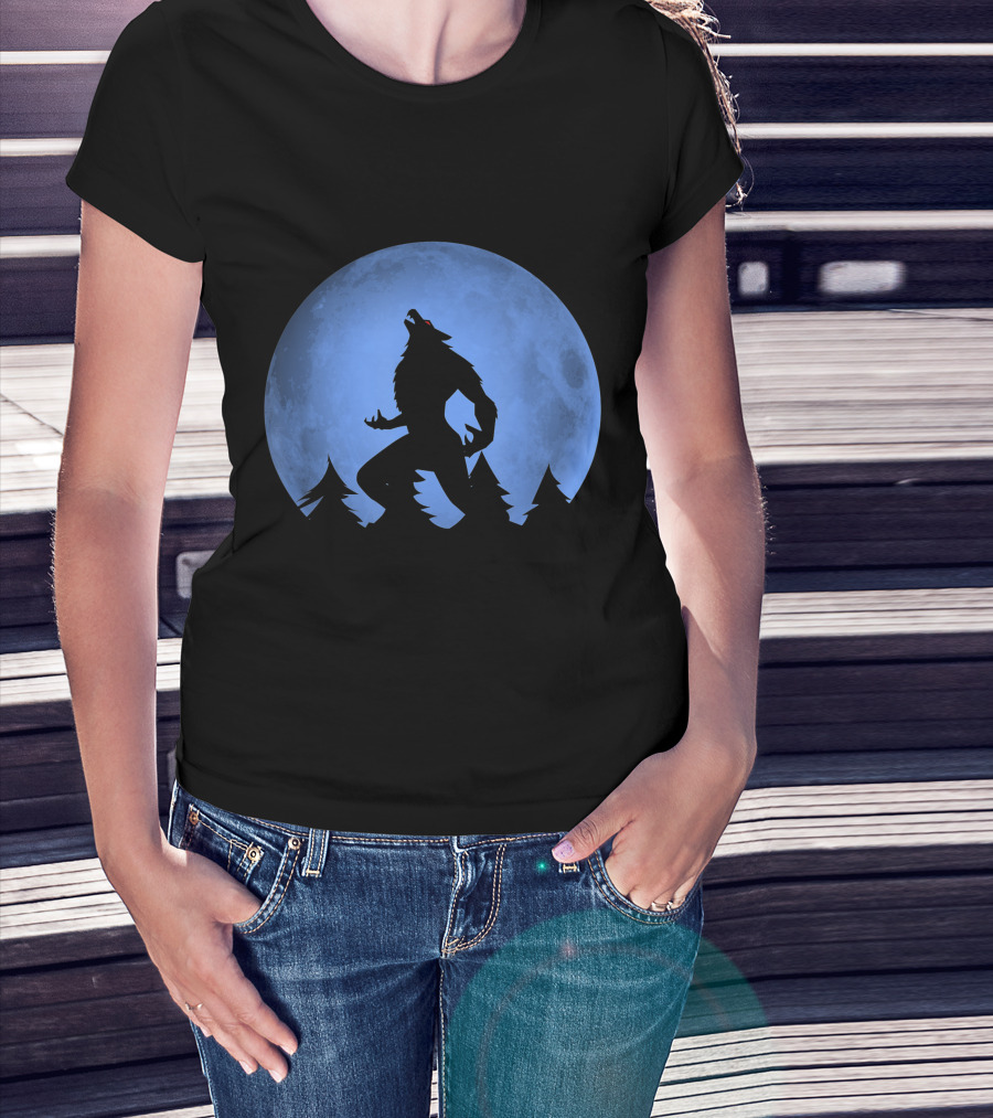 Werewolf Silhouette Howling At Full Blue Moon With Forest Background T-Shirt