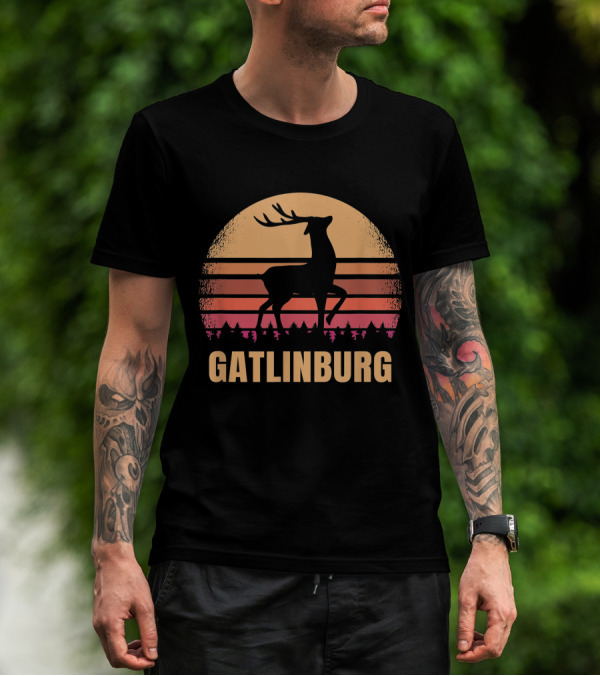 Gatlinburg Tennessee Vintage Deer Silhouette With Distressed Sunset Background T-Shirt