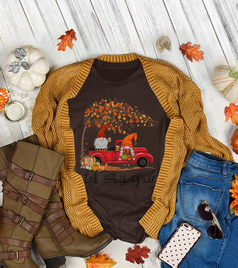 It's Fall Y'all Cute Gnomes Pumpkin Autumn Tree Fall Leaves Red Truck T-Shirt