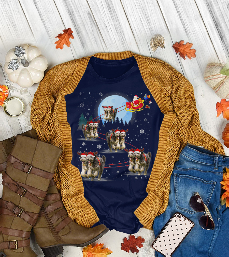 Funny Reindeer Santa with Dogs Pulling Sleigh by Moonlight T-Shirt