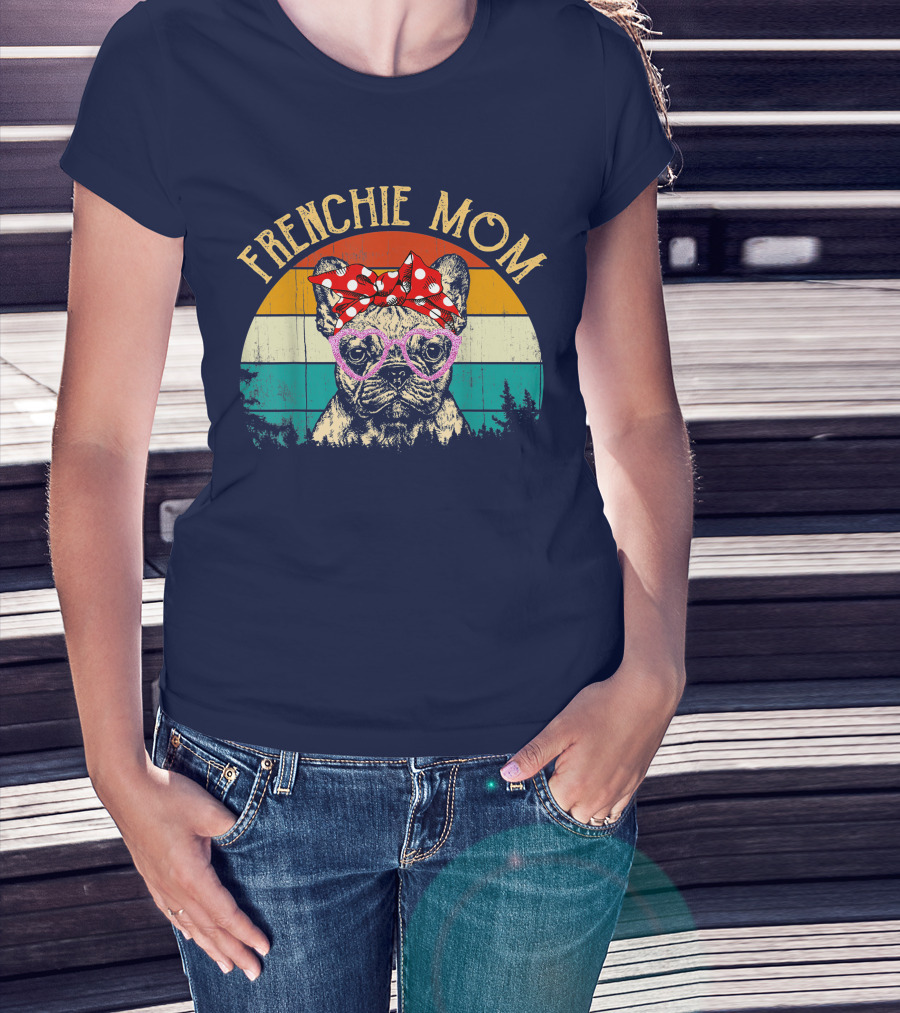 Frenchie Mom Retro Sunset Heart Glasses Bow T-Shirt