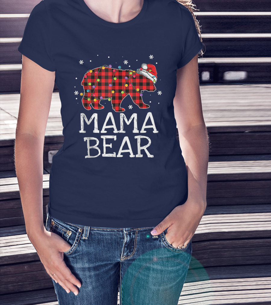 Mama Bear Red Plaid Christmas Lights Santa Hat Snowflakes T-Shirt