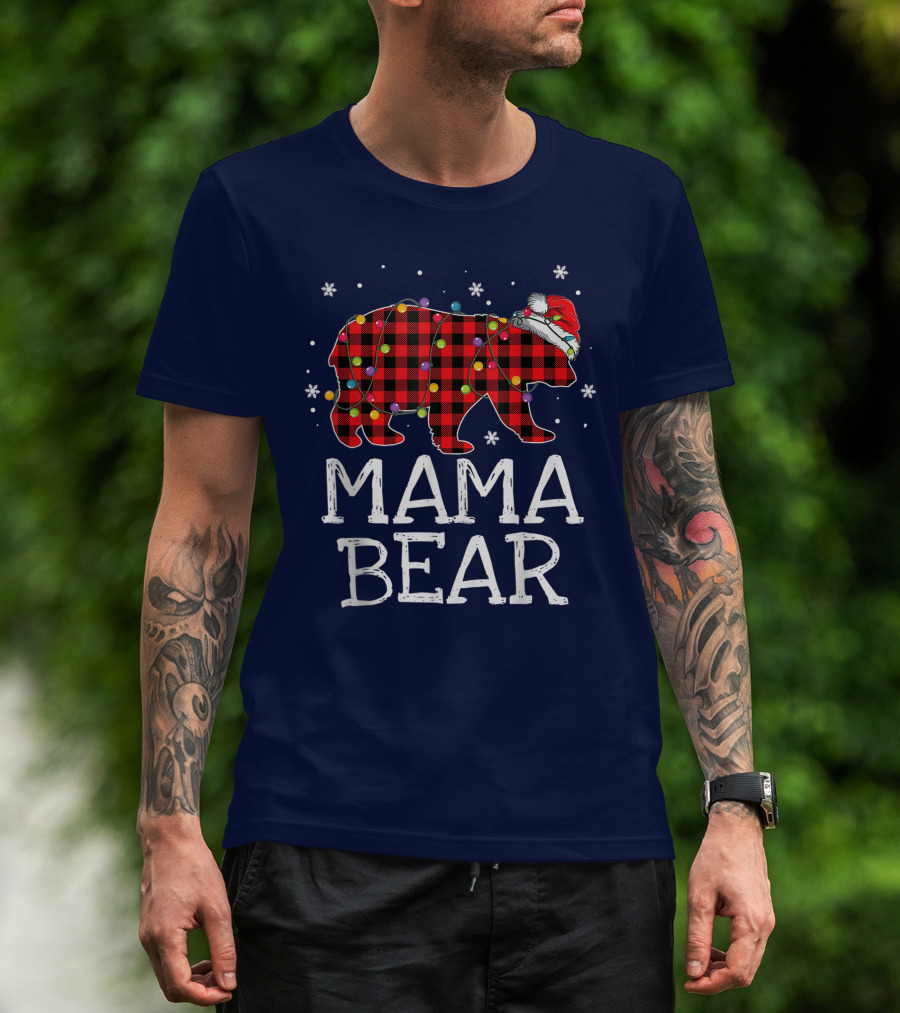 Mama Bear Red Plaid Christmas Lights Santa Hat Snowflakes T-Shirt