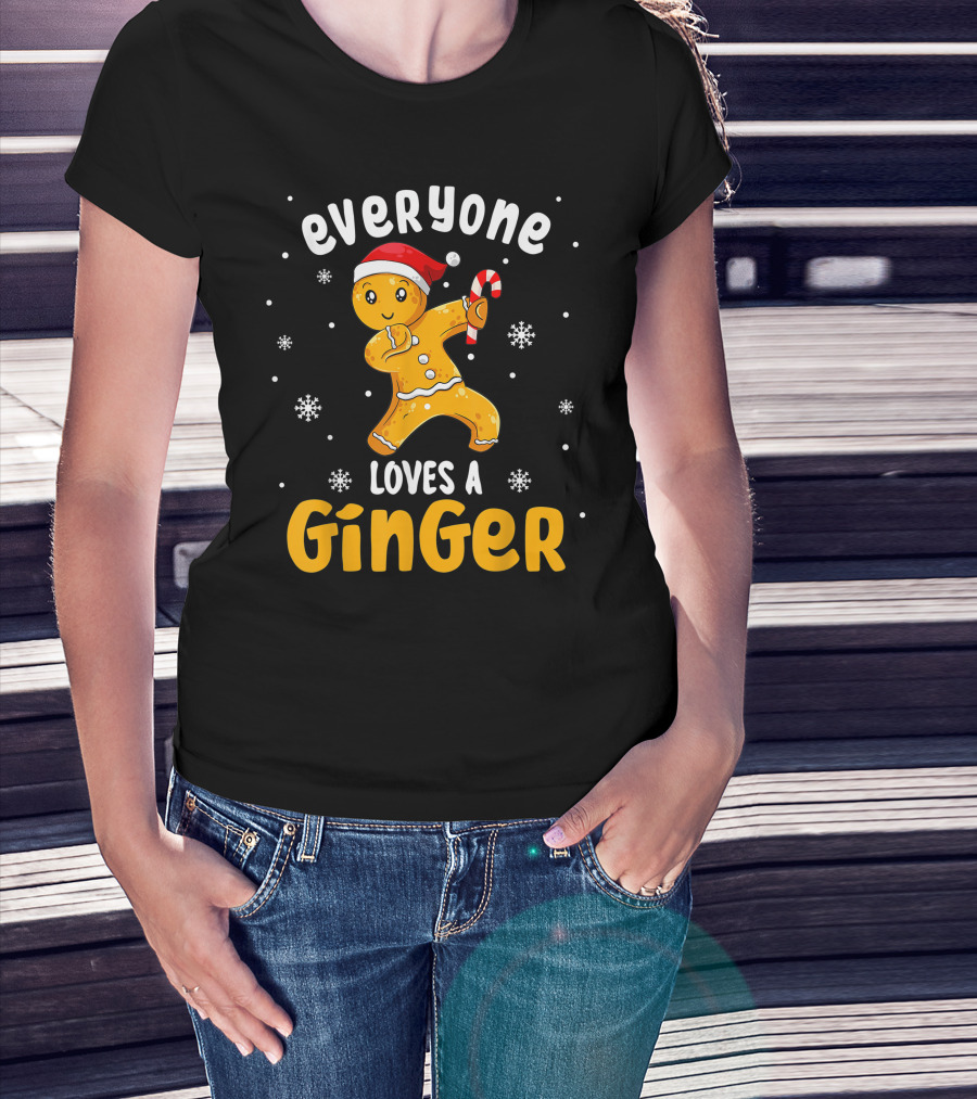 Everyone Loves A Ginger Christmas Gingerbread Man With Santa Hat And Candy Cane T-Shirt