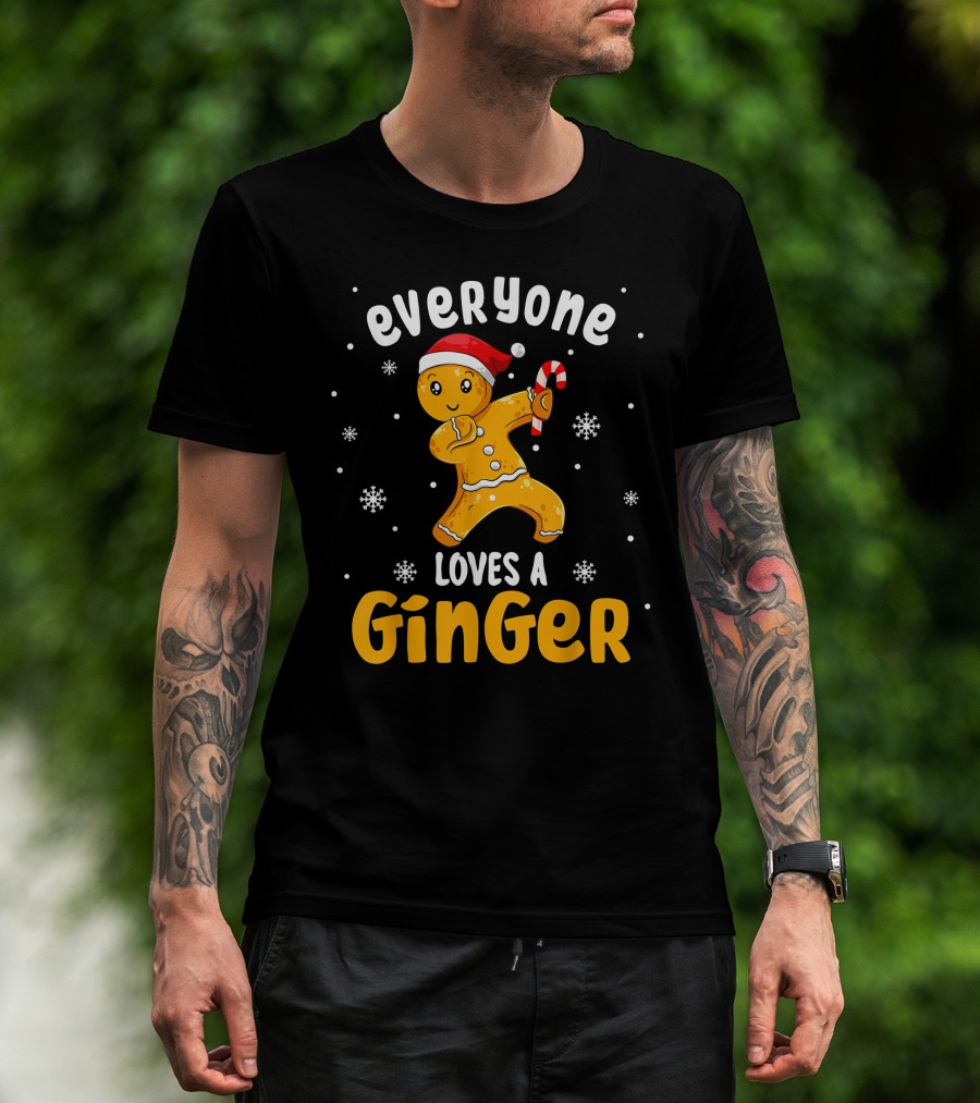 Everyone Loves A Ginger Christmas Gingerbread Man With Santa Hat And Candy Cane T-Shirt