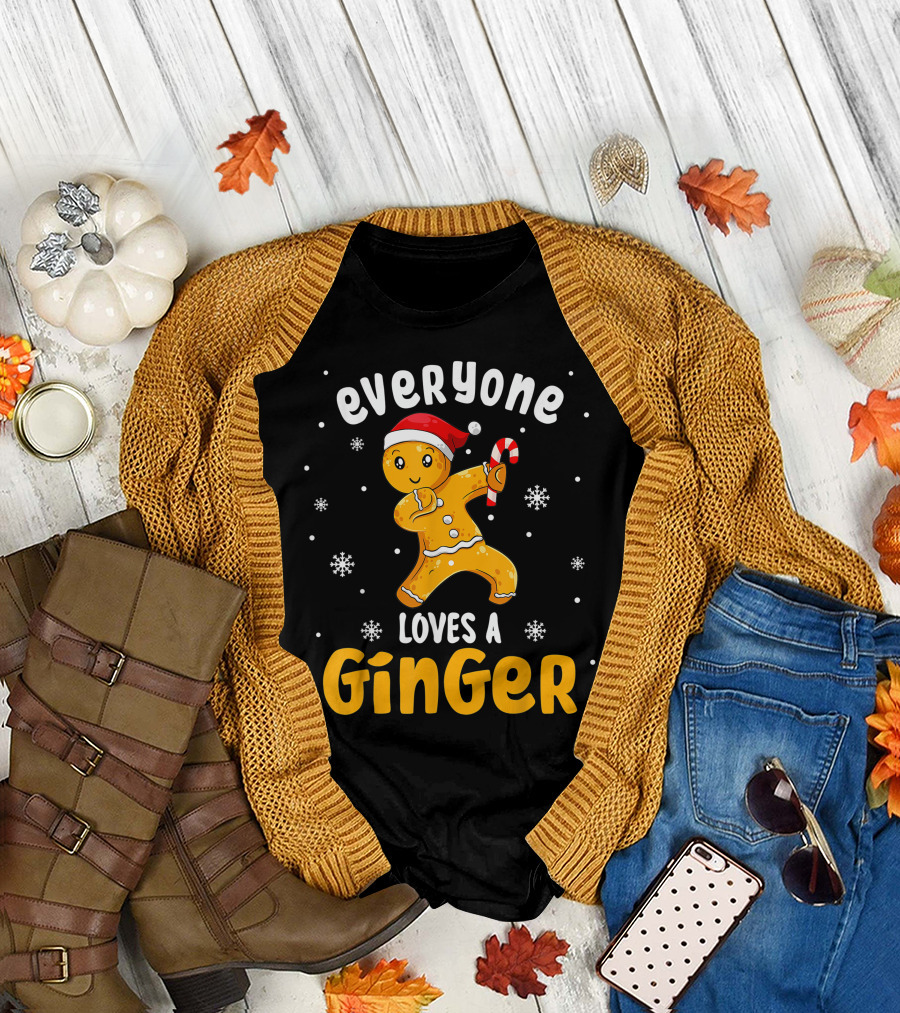 Everyone Loves a Ginger Christmas Gingerbread Man with Santa Hat and Candy Cane T-Shirt