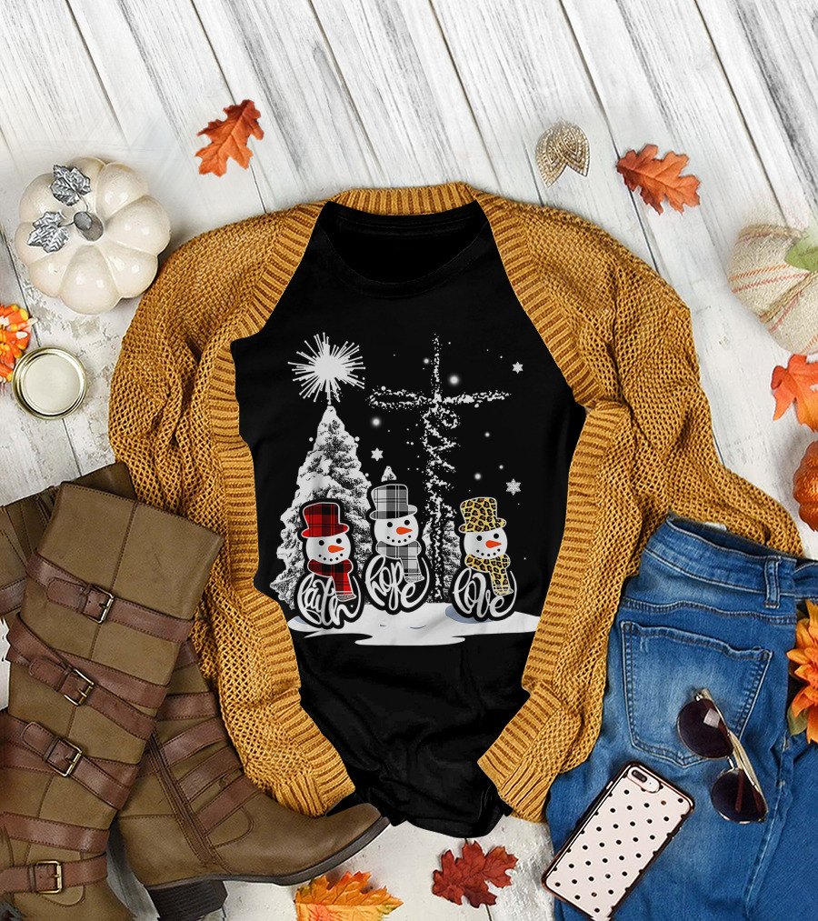 Jesus Faith Hope Love Snowman Funny Xmas for Christian T-Shirt