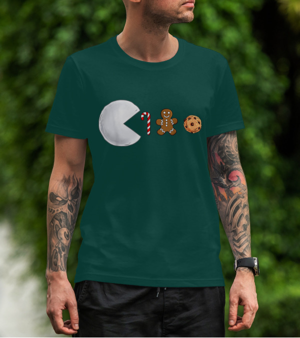 Christmas Snowball Candy Cane Gingerbread Cookie Pac-Man T-Shirt