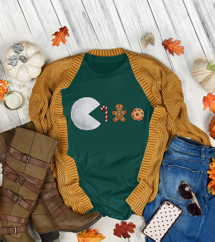 Christmas Snowball Candy Cane Gingerbread Cookie Pac-Man T-Shirt