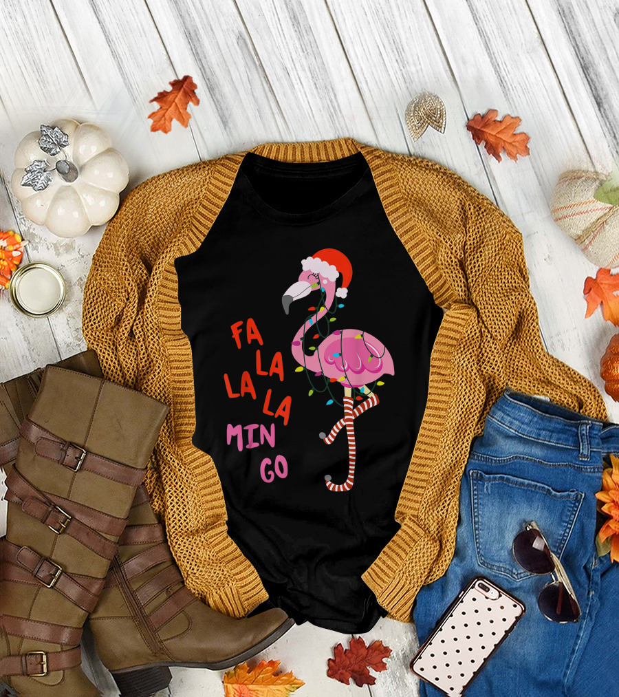 Fa La La La Flamingo Christmas Santa Hat Lights T-Shirt