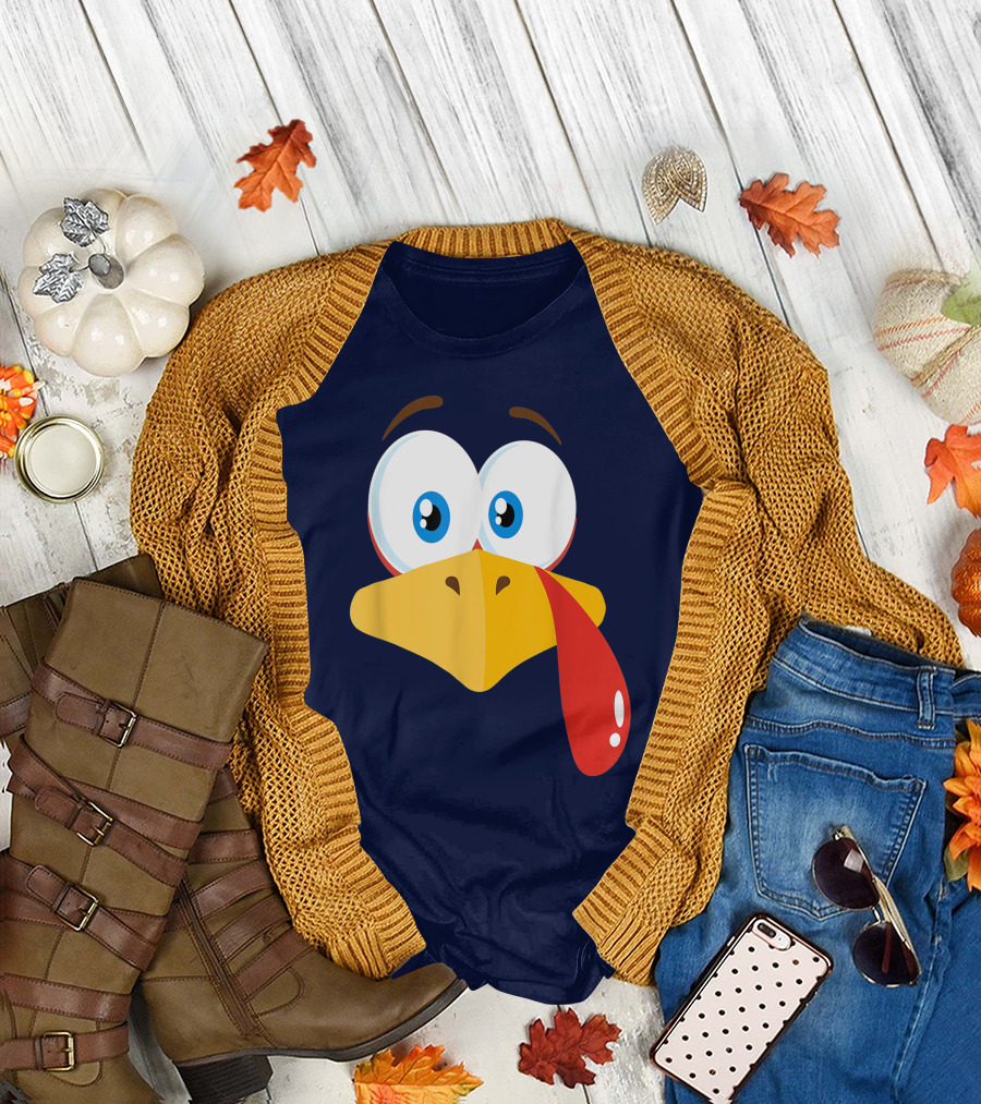 Turkey Face Pilgrim Funny Cartoon Eyes and Beak with Tongue T-Shirt