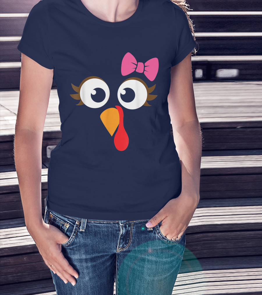 Turkey Face Girl Pink Bow Cute Thanksgiving T-Shirt