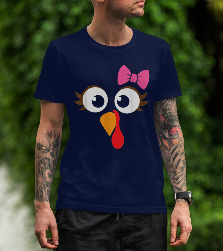Turkey Face Girl Pink Bow Cute Thanksgiving T-Shirt