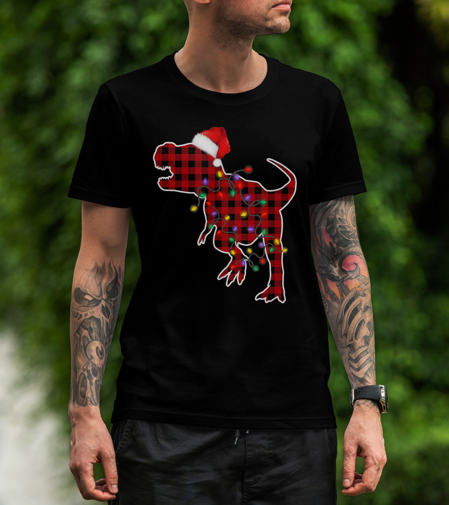 Red Plaid T-Rex Dinosaur With Santa Hat And Christmas Lights T-Shirt