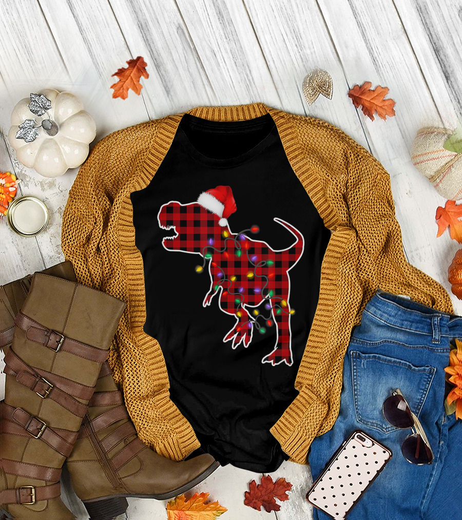 Red Plaid T-Rex Dinosaur with Santa Hat and Christmas Lights T-Shirt