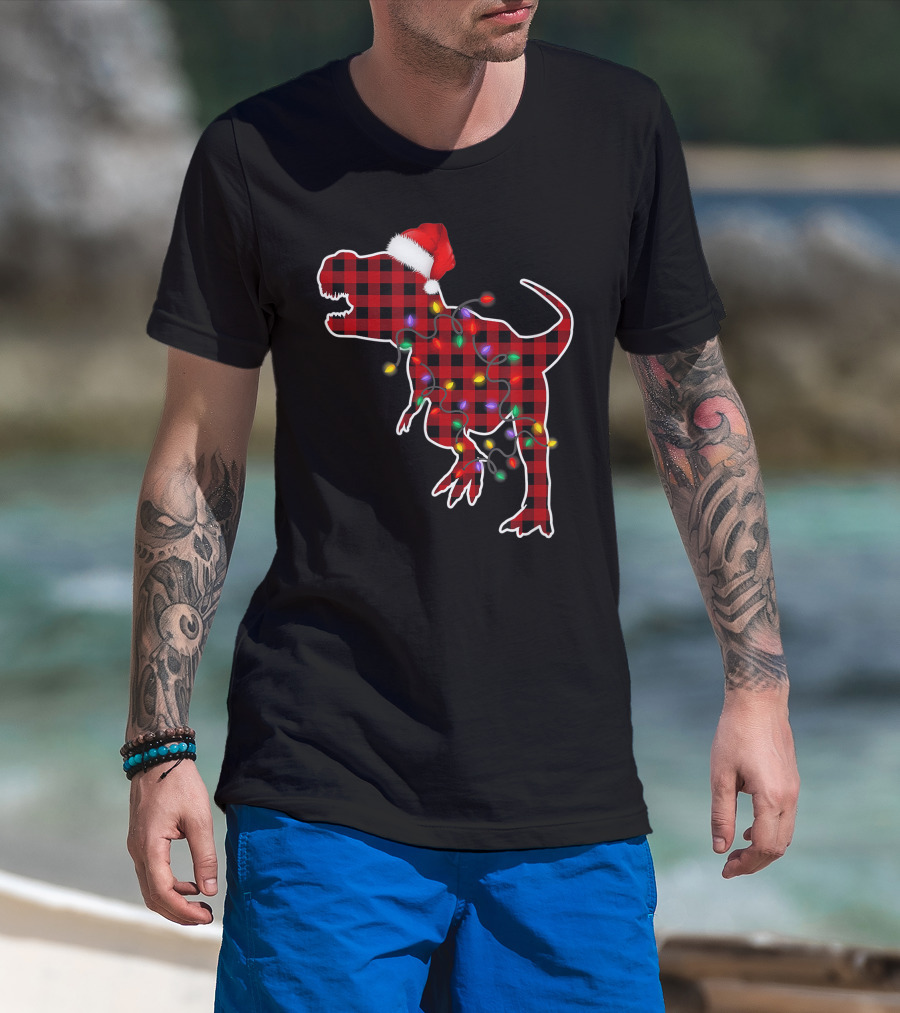 Red Plaid T-Rex Dinosaur With Santa Hat And Christmas Lights T-Shirt