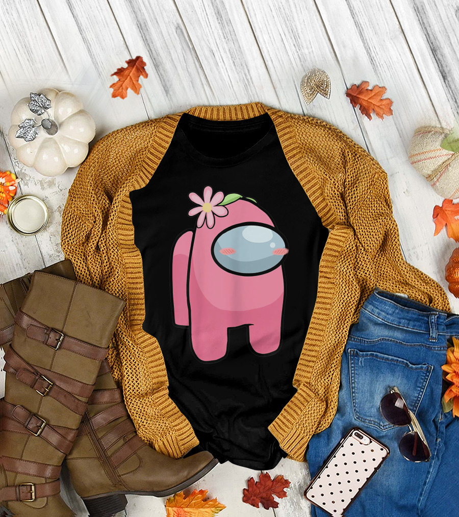Cute Pink Among Us Sus Character with Flower T-Shirt
