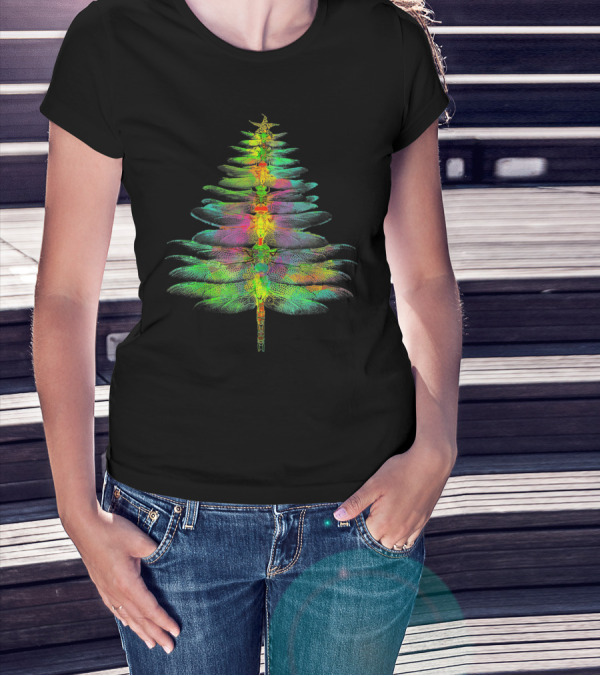 Funny Dragonfly Christmas Tree Multicolored Wings T-Shirt