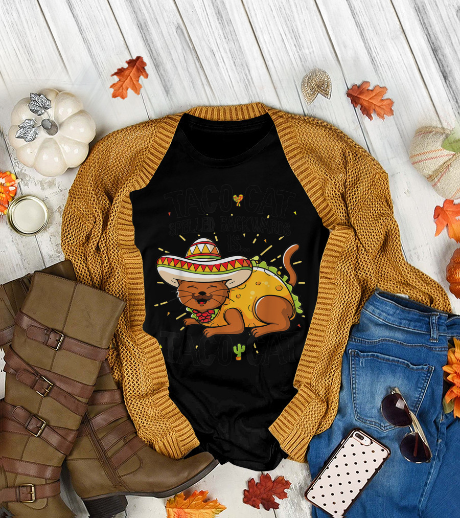 Taco Cat Spelled Backwards Is Tacocat Wearing Sombrero and Lettuce Blanket T-Shirt