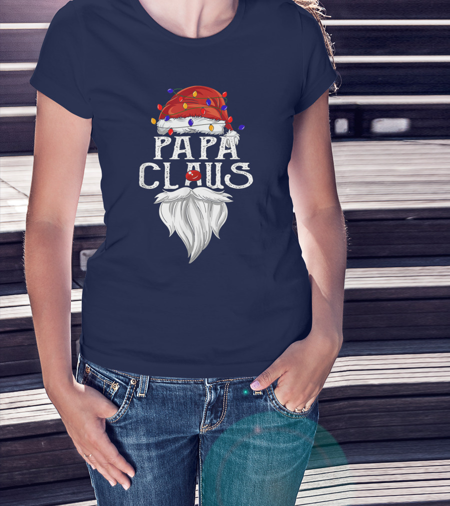 Papa Claus Santa Hat Beard Christmas Lights T-Shirt